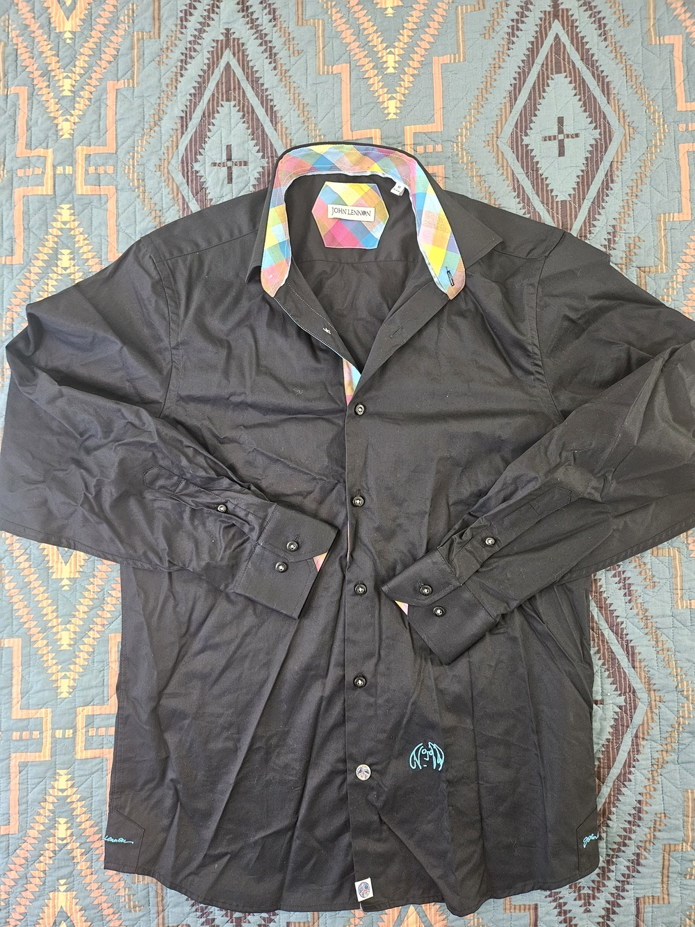 John Lennon Black Men's Dress Shirt with Multicolor Contrast Collar